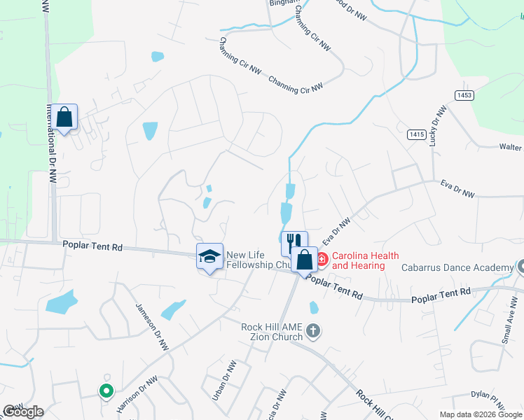 map of restaurants, bars, coffee shops, grocery stores, and more near 3610 Fair Oaks Place Northwest in Concord