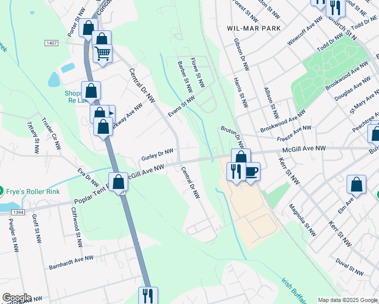 map of restaurants, bars, coffee shops, grocery stores, and more near 293 Gurley Drive Northwest in Concord
