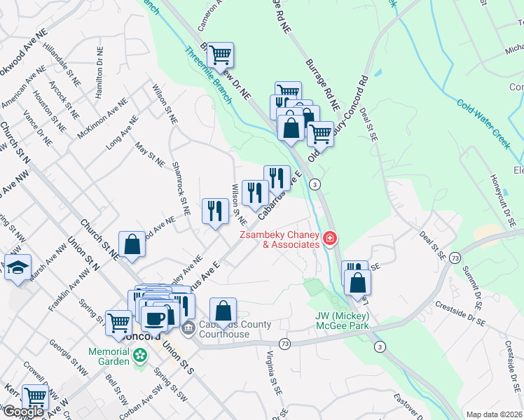 map of restaurants, bars, coffee shops, grocery stores, and more near 247 Cabarrus Avenue East in Concord
