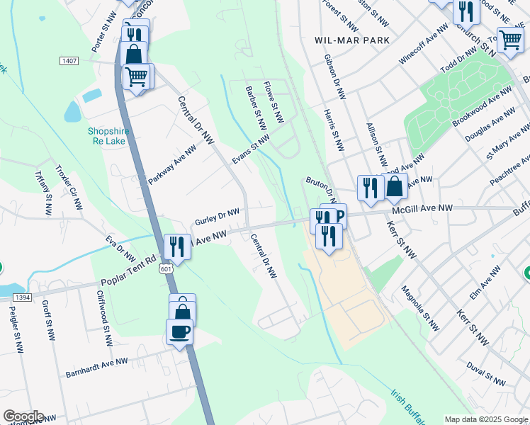 map of restaurants, bars, coffee shops, grocery stores, and more near 293 Gurley Drive Northwest in Concord