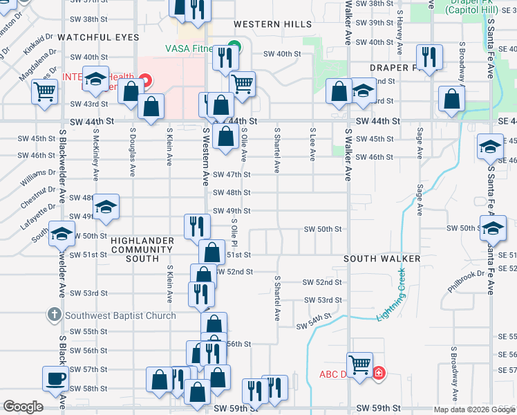 map of restaurants, bars, coffee shops, grocery stores, and more near 725 Southwest 49th Street in Oklahoma City
