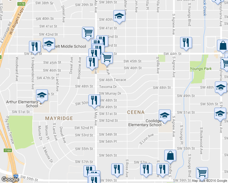 map of restaurants, bars, coffee shops, grocery stores, and more near 2737 Southwest Murray Drive in Oklahoma City