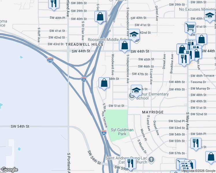 map of restaurants, bars, coffee shops, grocery stores, and more near 3416 Southwest 48th Street in Oklahoma City