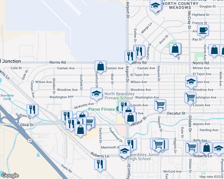 map of restaurants, bars, coffee shops, grocery stores, and more near 1002 Woodrow Avenue in Bakersfield