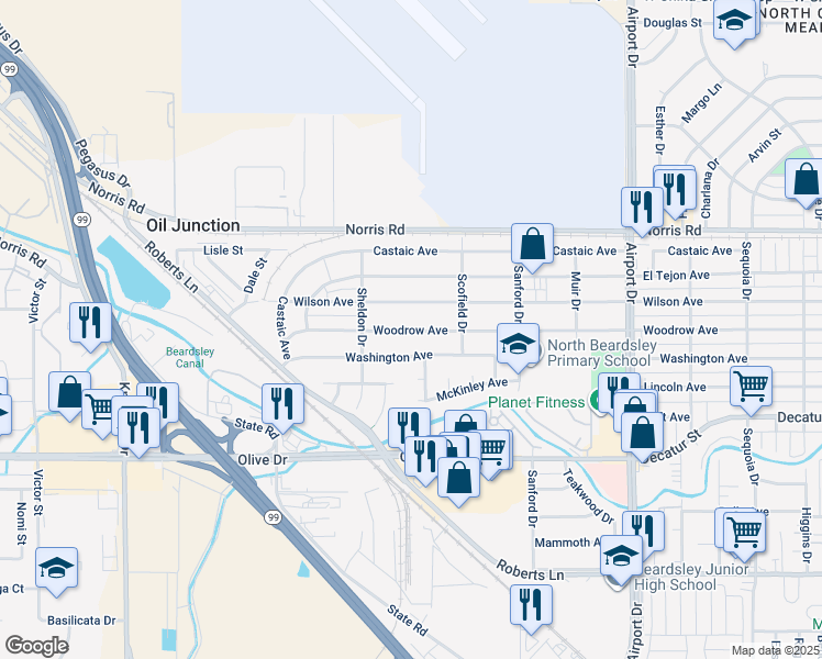 map of restaurants, bars, coffee shops, grocery stores, and more near 1220 Woodrow Avenue in Bakersfield