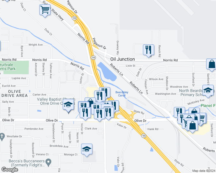 map of restaurants, bars, coffee shops, grocery stores, and more near 6050 State Road in Bakersfield