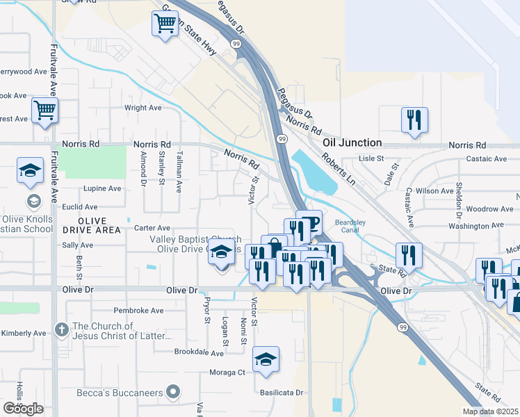 map of restaurants, bars, coffee shops, grocery stores, and more near 6201 Victor Street in Bakersfield