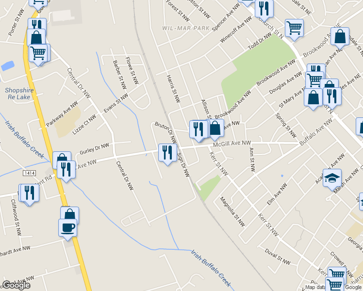 map of restaurants, bars, coffee shops, grocery stores, and more near 512 Railroad Drive Northwest in Concord