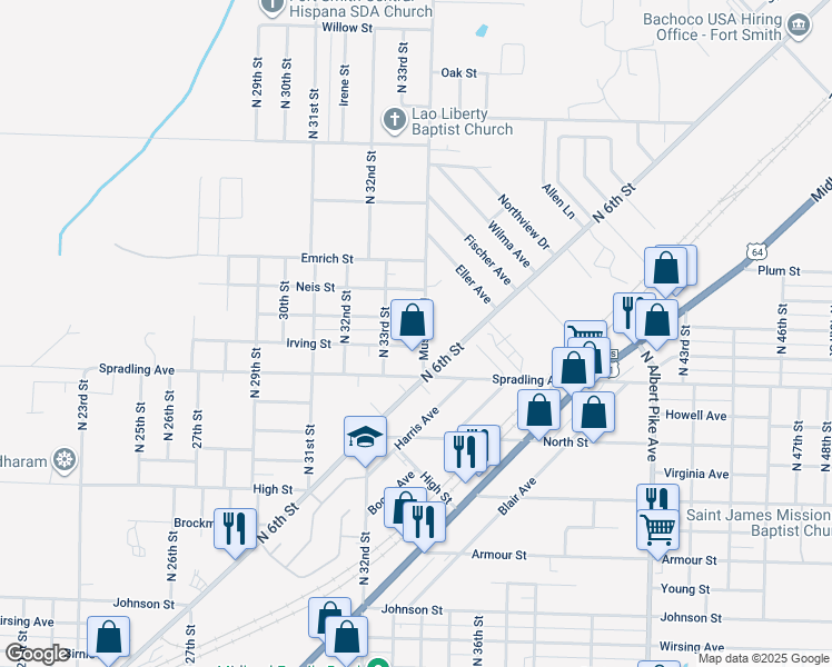 map of restaurants, bars, coffee shops, grocery stores, and more near 3815 Mussett Road in Fort Smith