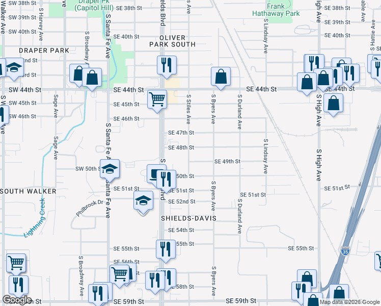 map of restaurants, bars, coffee shops, grocery stores, and more near 238 Southeast 48th Street in Oklahoma City