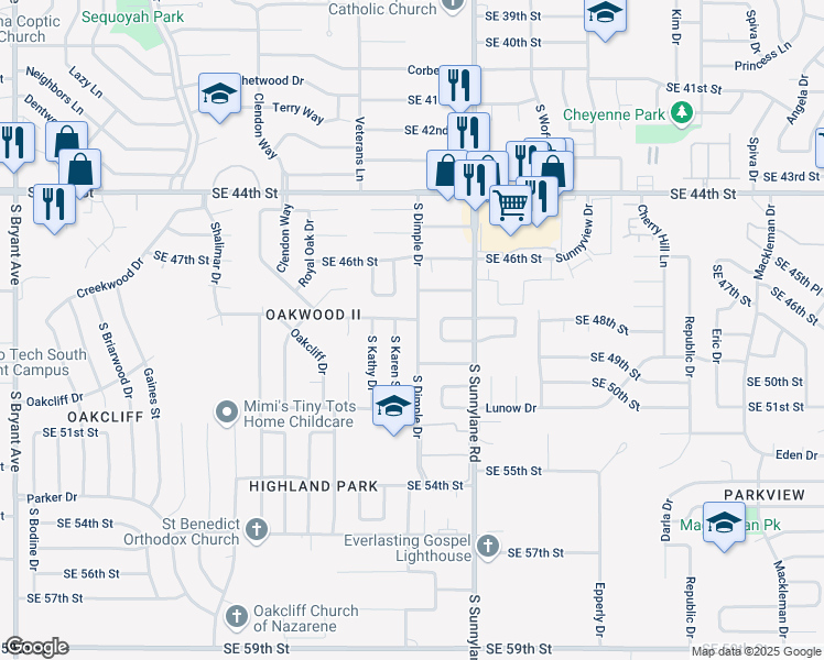 map of restaurants, bars, coffee shops, grocery stores, and more near 4905 South Dimple Drive in Oklahoma City