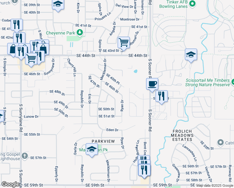 map of restaurants, bars, coffee shops, grocery stores, and more near 5304 Southeast 46th Street in Oklahoma City