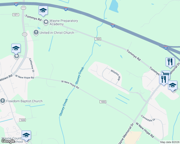 map of restaurants, bars, coffee shops, grocery stores, and more near 108 Welford Place in Goldsboro