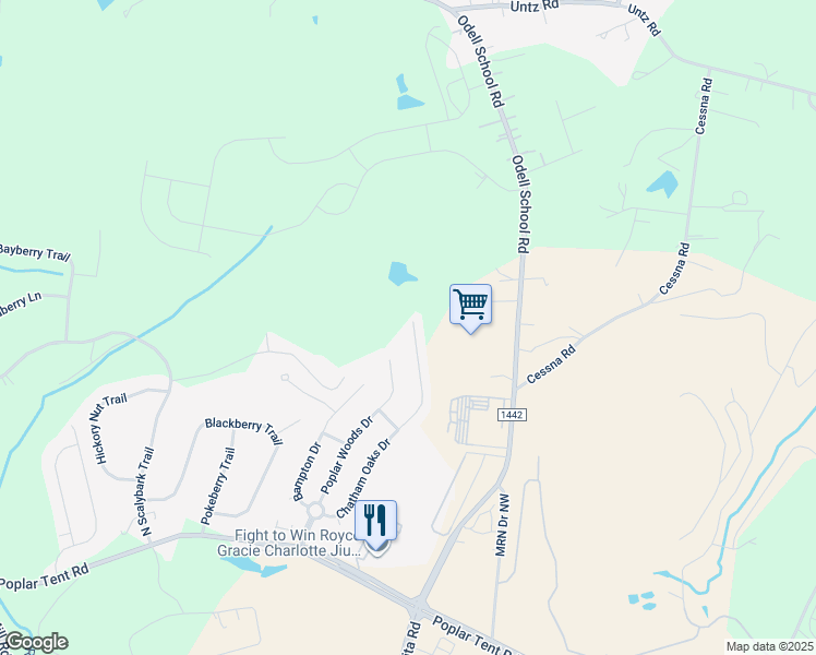 map of restaurants, bars, coffee shops, grocery stores, and more near 8105 Chatham Oaks Drive in Concord