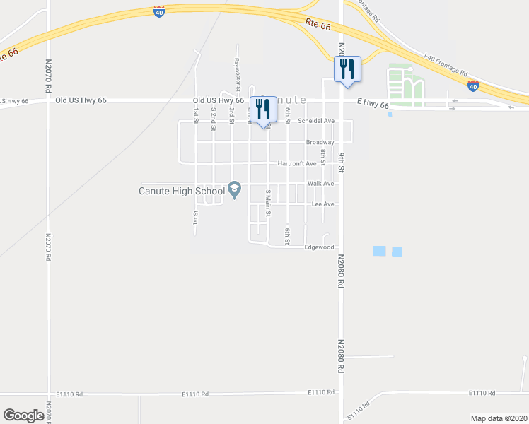 map of restaurants, bars, coffee shops, grocery stores, and more near 611 South Main Street in Canute