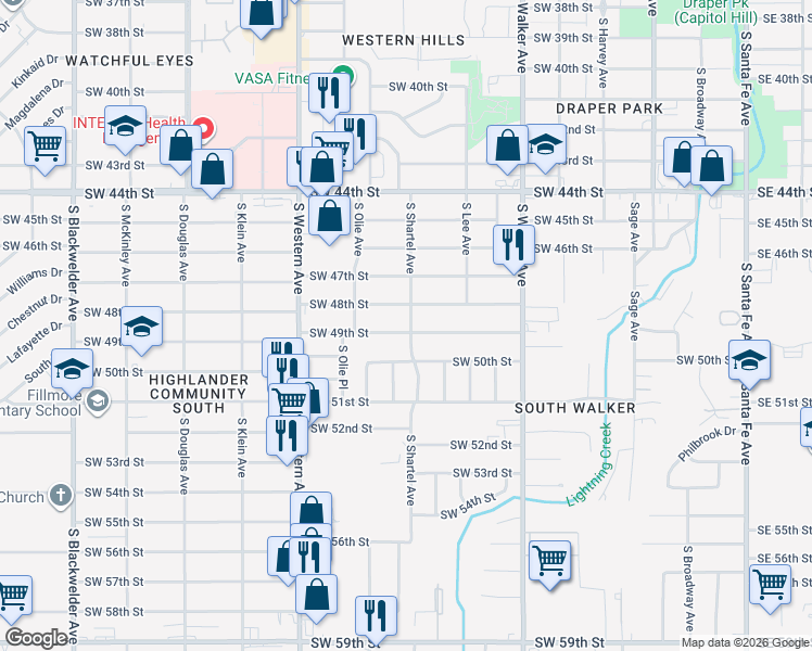 map of restaurants, bars, coffee shops, grocery stores, and more near 641 Southwest 49th Street in Oklahoma City