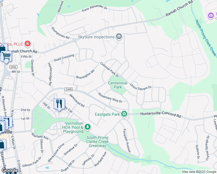 map of restaurants, bars, coffee shops, grocery stores, and more near 13131 Province Valley Place in Huntersville