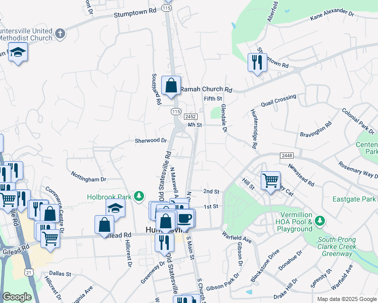 map of restaurants, bars, coffee shops, grocery stores, and more near 205 North Main Street in Huntersville
