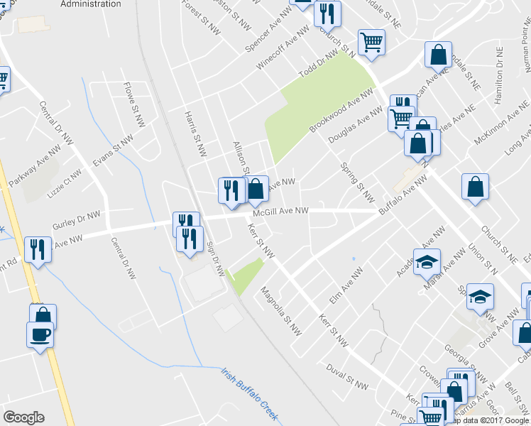 map of restaurants, bars, coffee shops, grocery stores, and more near 215 McGill Avenue Northwest in Concord