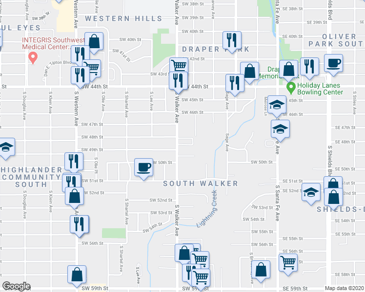 map of restaurants, bars, coffee shops, grocery stores, and more near 4940 South Walker Avenue in Oklahoma City