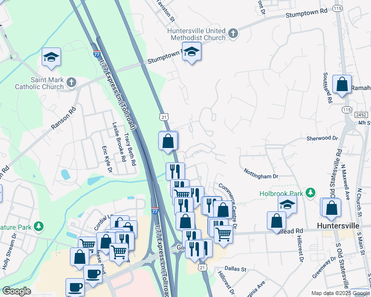 map of restaurants, bars, coffee shops, grocery stores, and more near in Huntersville