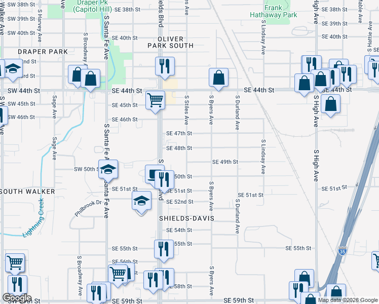 map of restaurants, bars, coffee shops, grocery stores, and more near 238 Southeast 48th Street in Oklahoma City