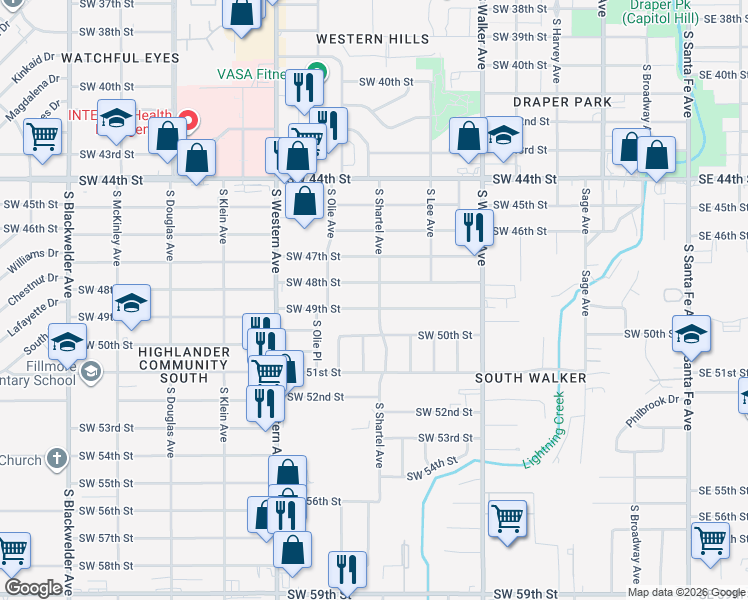 map of restaurants, bars, coffee shops, grocery stores, and more near 641 Southwest 49th Street in Oklahoma City