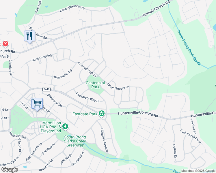 map of restaurants, bars, coffee shops, grocery stores, and more near 12932 Union Square Drive in Huntersville