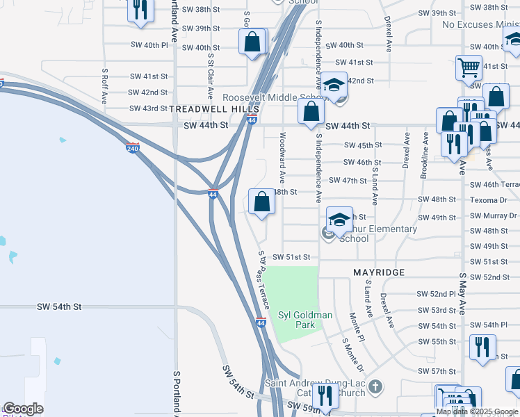 map of restaurants, bars, coffee shops, grocery stores, and more near 3416 Southwest 48th Street in Oklahoma City