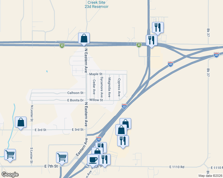 map of restaurants, bars, coffee shops, grocery stores, and more near 210 Magnolia Avenue in Elk City