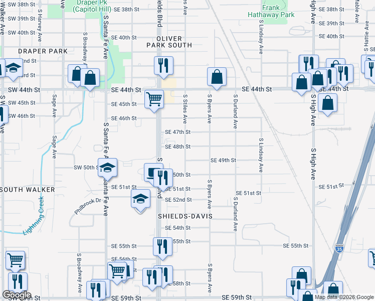 map of restaurants, bars, coffee shops, grocery stores, and more near 238 Southeast 48th Street in Oklahoma City