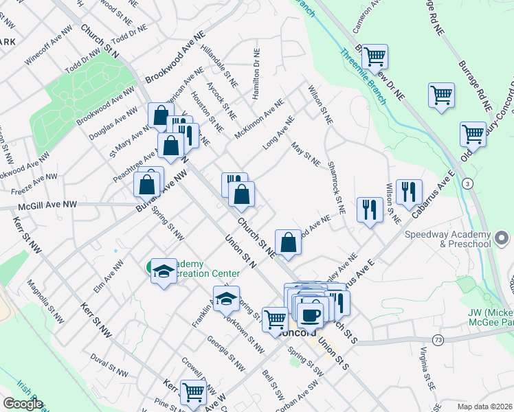 map of restaurants, bars, coffee shops, grocery stores, and more near 180 Vance Drive Northeast in Concord
