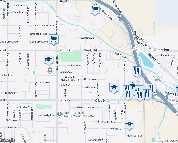 map of restaurants, bars, coffee shops, grocery stores, and more near 6308 Almond Drive in Bakersfield