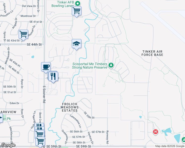 map of restaurants, bars, coffee shops, grocery stores, and more near 6224 Southeast 47th Street in Oklahoma City