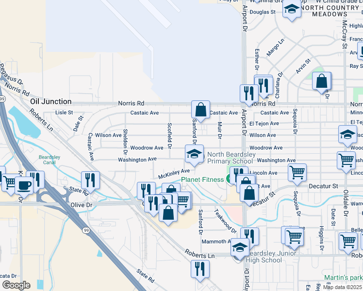 map of restaurants, bars, coffee shops, grocery stores, and more near 1112 Woodrow Avenue in Bakersfield