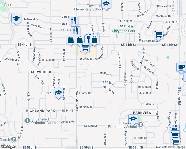 map of restaurants, bars, coffee shops, grocery stores, and more near 4900 Beacon Hill Road in Oklahoma City