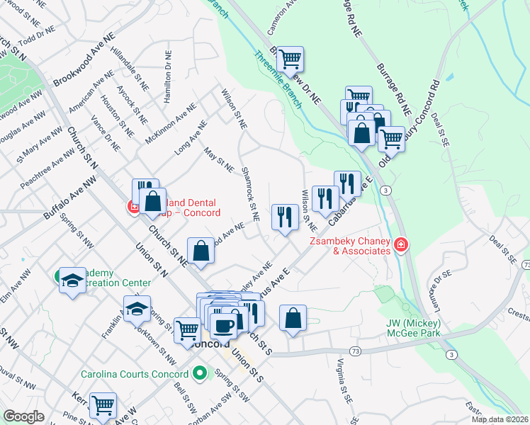 map of restaurants, bars, coffee shops, grocery stores, and more near 75 Reed Street Northeast in Concord