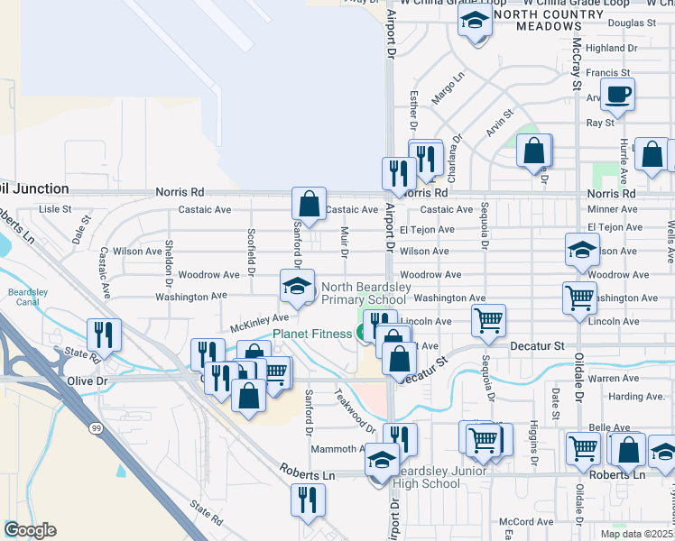map of restaurants, bars, coffee shops, grocery stores, and more near 1002 Woodrow Avenue in Bakersfield