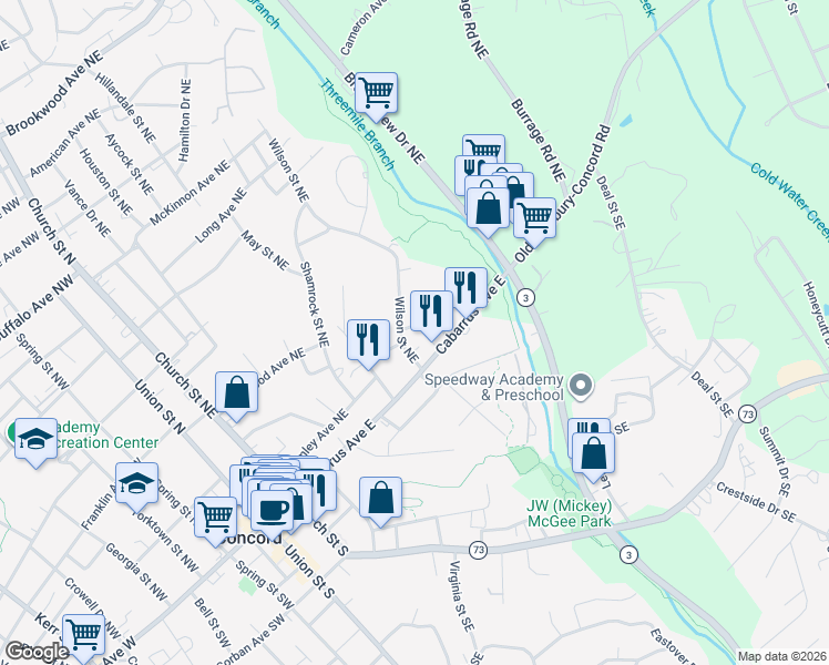 map of restaurants, bars, coffee shops, grocery stores, and more near 228 Jefferson Avenue Northeast in Concord