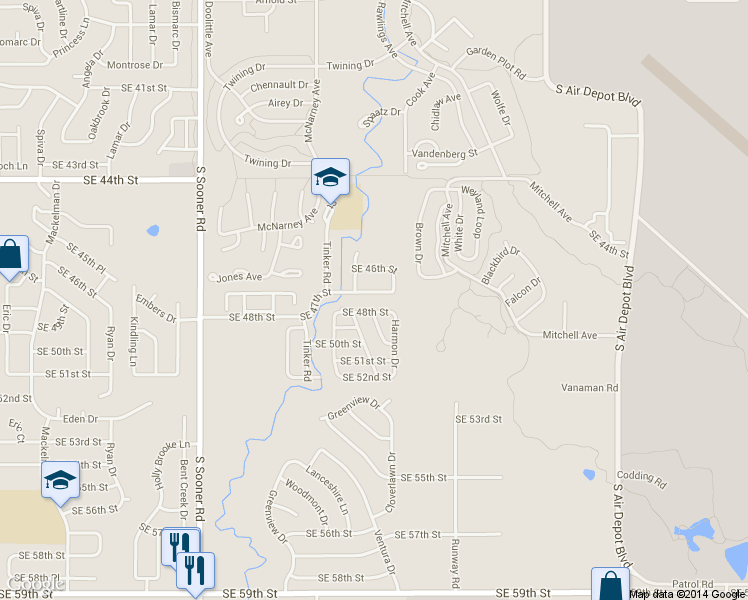 map of restaurants, bars, coffee shops, grocery stores, and more near 6124 Southeast 47th Street in Oklahoma City