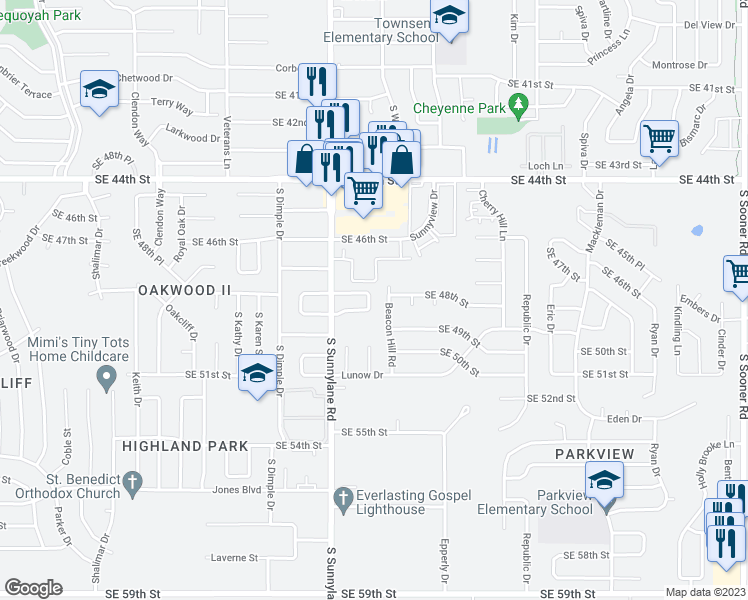 map of restaurants, bars, coffee shops, grocery stores, and more near 4916 Sunny Court in Oklahoma City