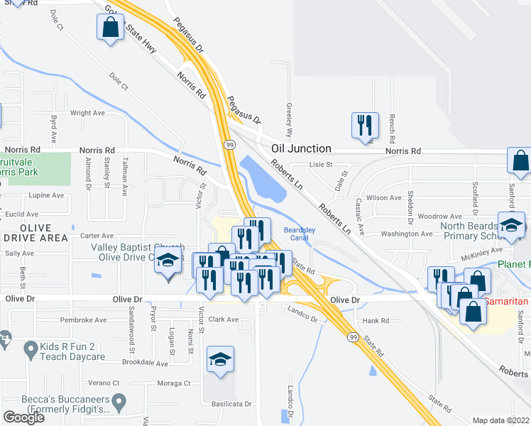 map of restaurants, bars, coffee shops, grocery stores, and more near 6050 State Road in Bakersfield