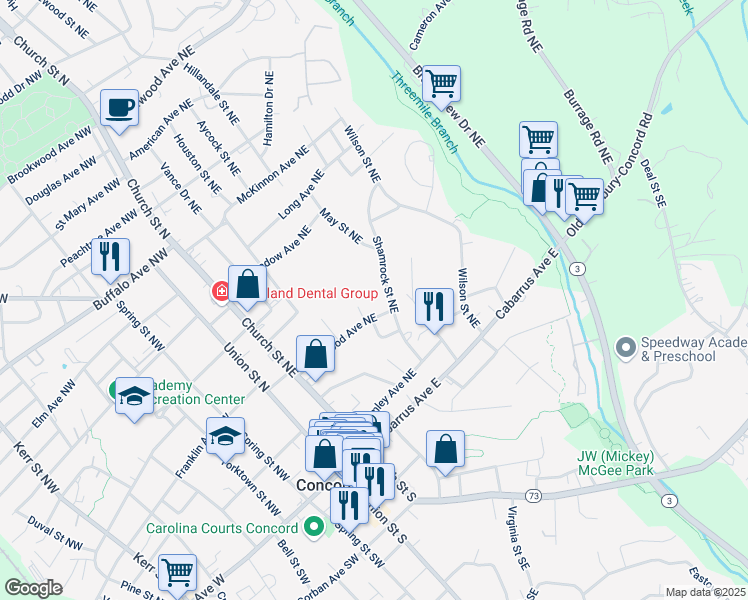 map of restaurants, bars, coffee shops, grocery stores, and more near 95 Shamrock Street Northeast in Concord