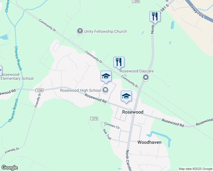 map of restaurants, bars, coffee shops, grocery stores, and more near 900 Rosewood Road in Goldsboro