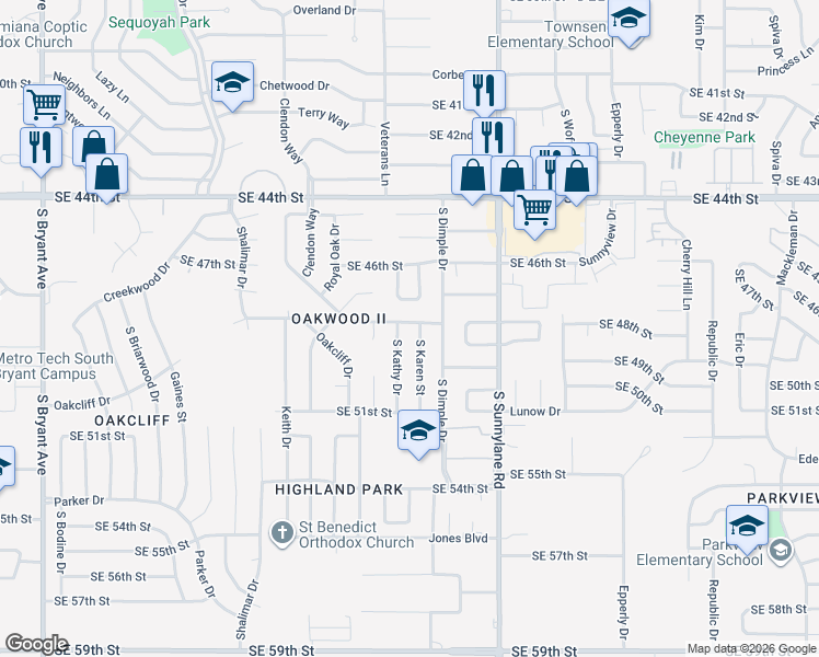 map of restaurants, bars, coffee shops, grocery stores, and more near 4016 Southeast 48th Street in Oklahoma City