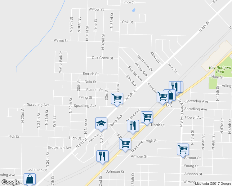 map of restaurants, bars, coffee shops, grocery stores, and more near 3815 Mussett Road in Fort Smith