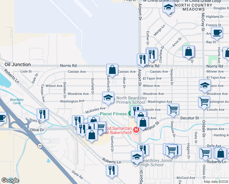 map of restaurants, bars, coffee shops, grocery stores, and more near 1014 Woodrow Avenue in Bakersfield