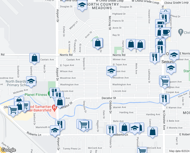 map of restaurants, bars, coffee shops, grocery stores, and more near 602 Woodrow Avenue in Bakersfield