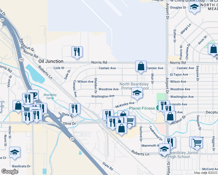 map of restaurants, bars, coffee shops, grocery stores, and more near 1220 Woodrow Avenue in Bakersfield