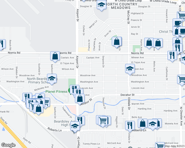 map of restaurants, bars, coffee shops, grocery stores, and more near 720 Woodrow Avenue in Bakersfield